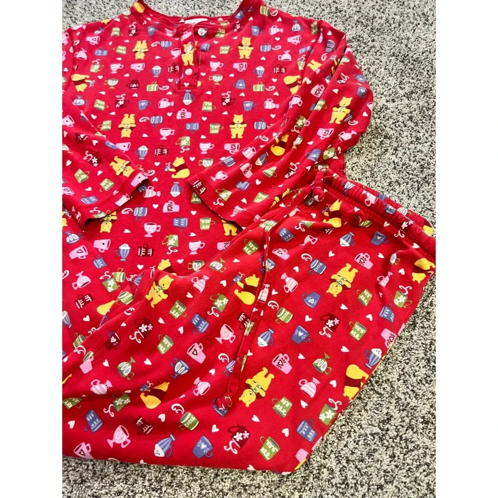 Disney Store Winnie the Pooh Vintage Pajama Set Red XS S Cocoa Cups Bears Sleep - Picture 2 of 9